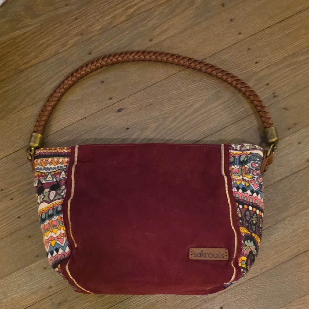 Sakroots Elsa Hobo Satchel Bag- Burgundy and Patterned Canvas Sides
